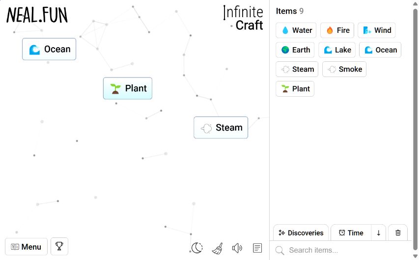 Our Infinite Craft test showing Plant on the canvas after Earth was dropped onto Water