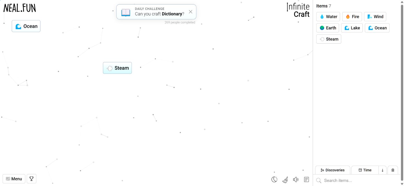 Our original Infinite Craft session after combining Fire with Water, showing Steam on the canvas and in the sidebar