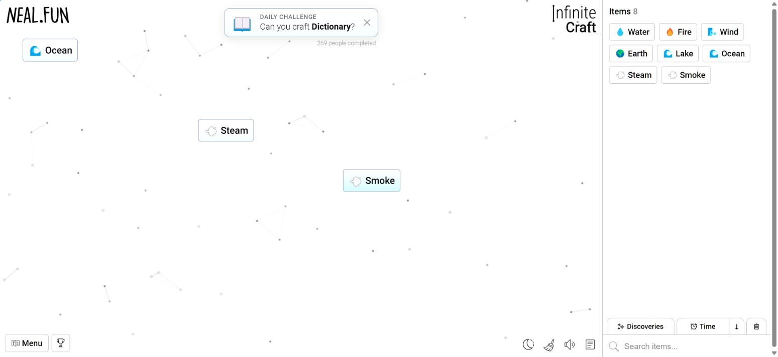 Our comparison experiment showing Steam and Smoke as separate labeled canvas tiles after Wind was combined with a fresh Fire
