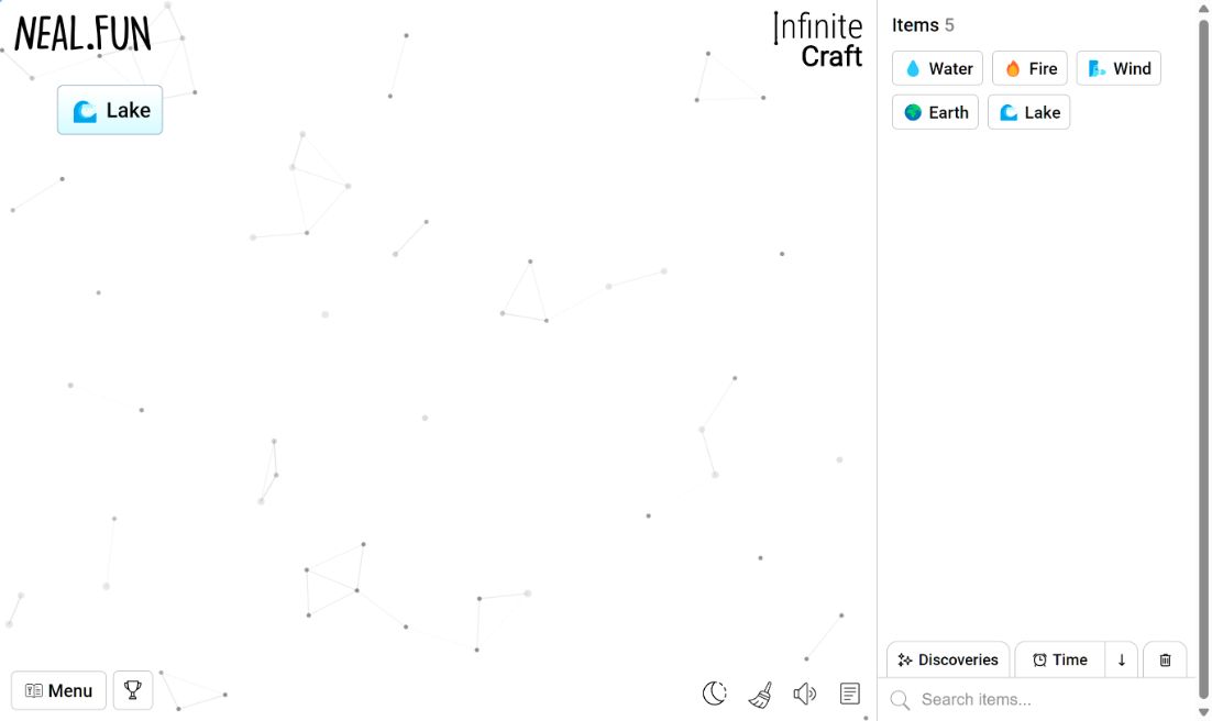 Our Infinite Craft browser test showing Lake on the canvas and the four starting elements plus Lake in the item list