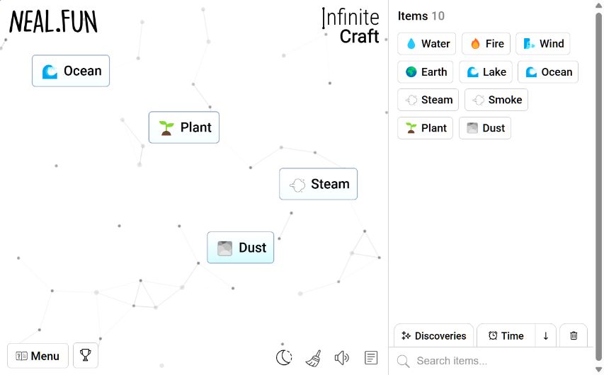 Our original-game test showing Dust below Plant after Wind was dropped onto a fresh Earth tile