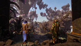 Two Enshrouded characters overlooking a fantastical landscape — Keen Games