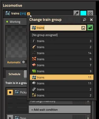 Wube Change train group window showing No group assigned and named groups