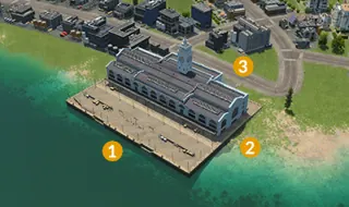 Harbor game view identifying landing, building and road access