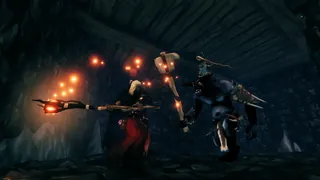 Brenna with her burning sword inside a Smouldering Tomb