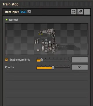 Wube train-stop interface with separate train-limit and Priority controls