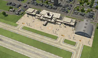 Actual airport game view with terminals, hangar and helicopter stands