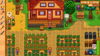 ConcernedApe official press screenshot with Bee Houses and flowers to the left of the farmhouse