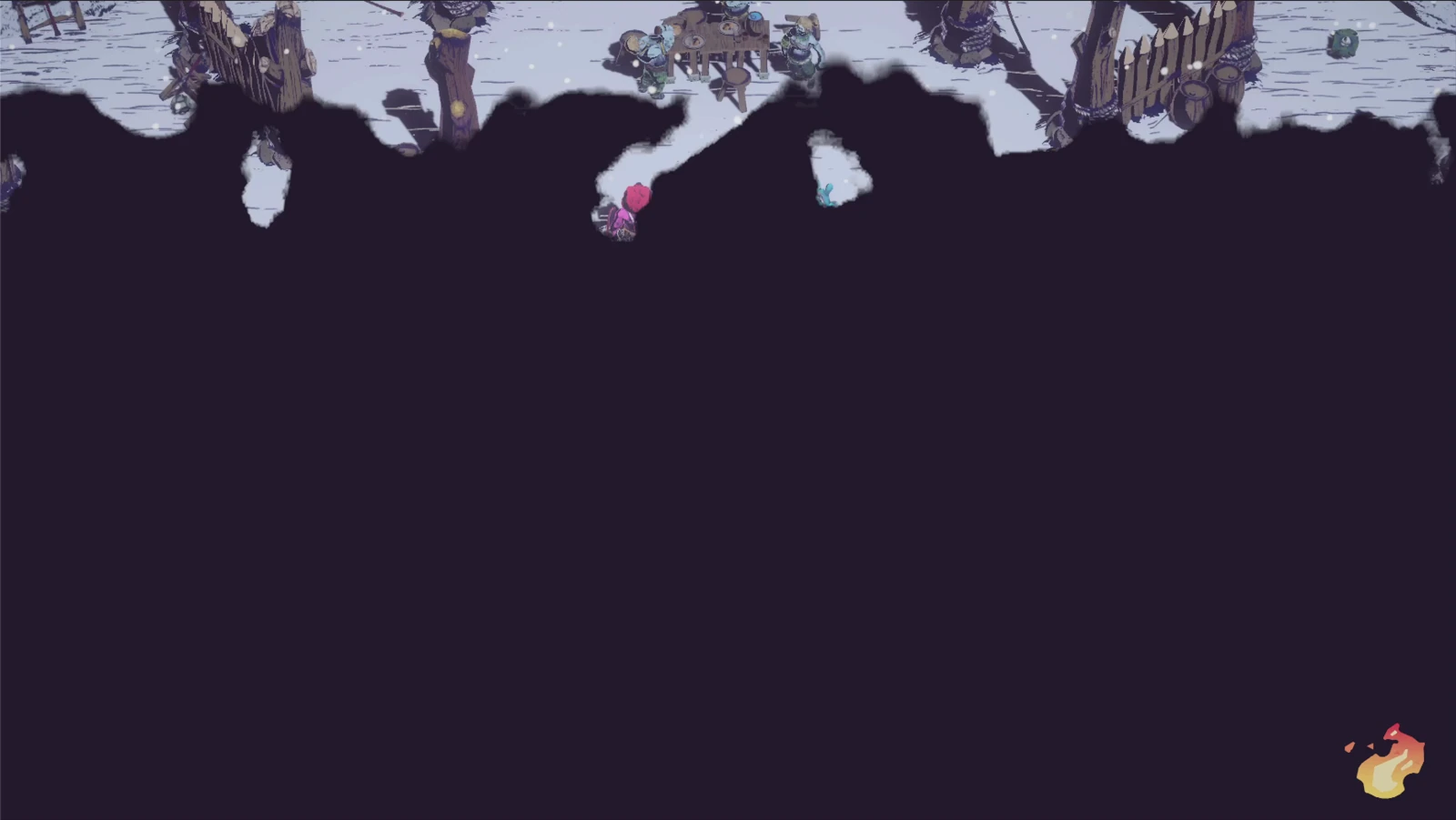 Use the gaps between the stumps and wooden fences as reference points. Choose a connected route for the whole party before the boss joins the crowd.