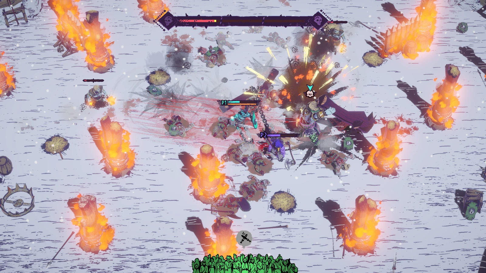 The lit pillars occupy several passages through the arena. Recheck the clear gaps between fire, stumps and fighters before the next movement.