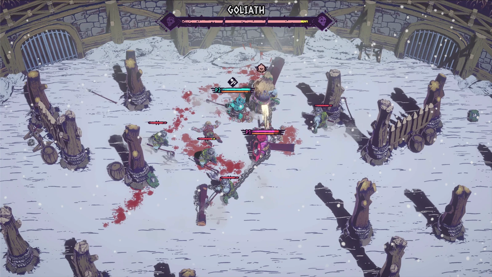 After the marked attack, the players reposition around Goliath and the nearby fighters. Find the open side before choosing the next target.