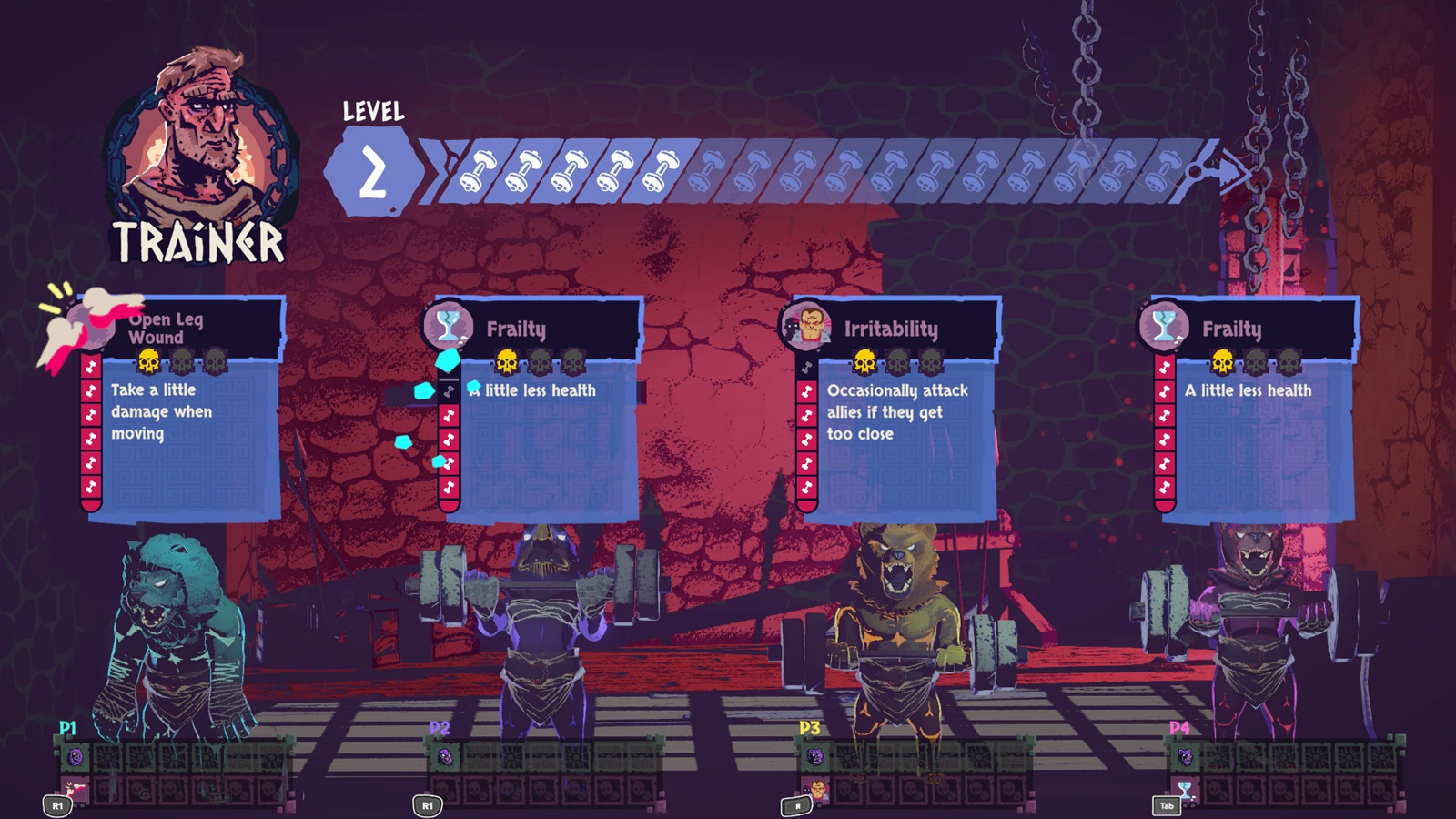 Read the shared level and XP bar at the top, then compare the separate pain markers beside each player’s injury card.
