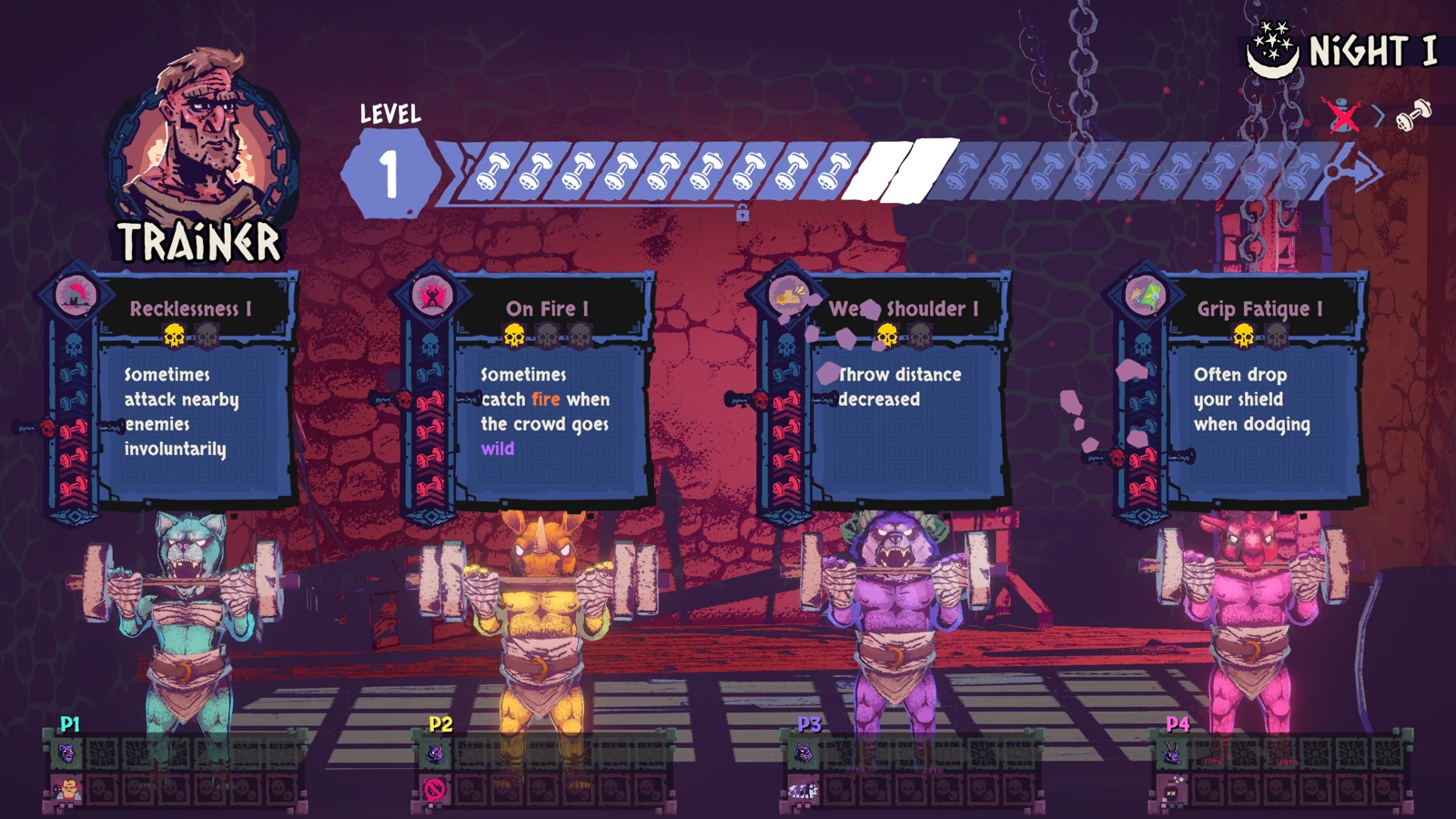 The Trainer shows a separate effect above each gladiator. Read the throwing and gear-drop effects in each column before choosing another lifter.