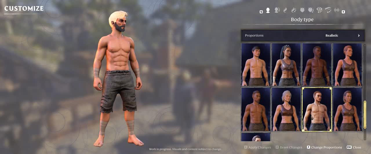 Customize Body type screen showing Realistic proportions and Apply Changes, Reset Changes and Close controls