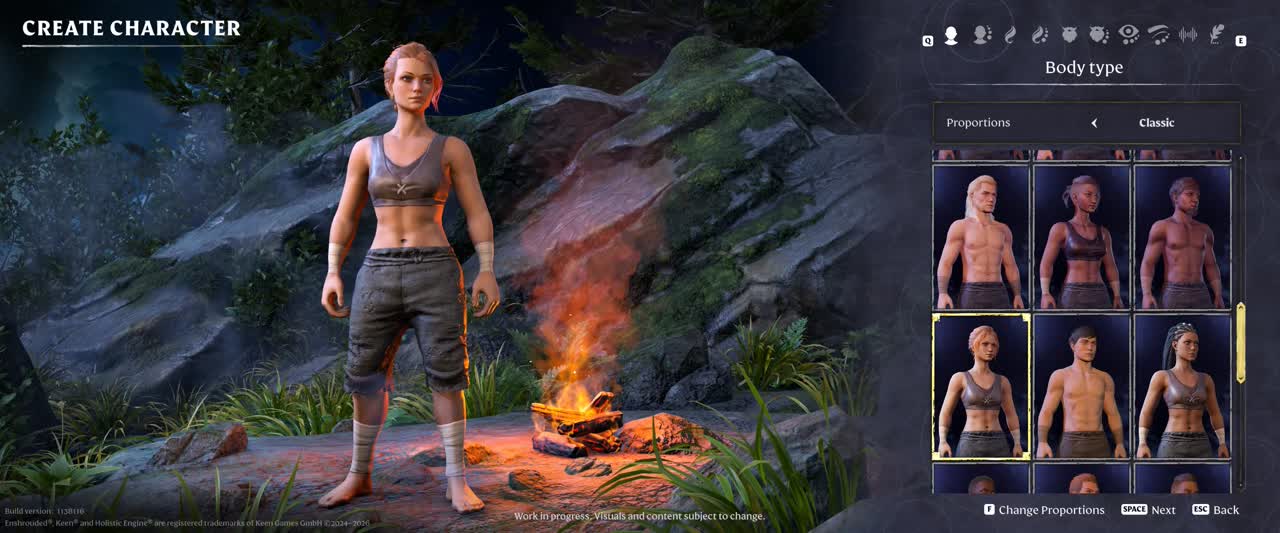 Create Character screen with Body type selected and Proportions set to Classic