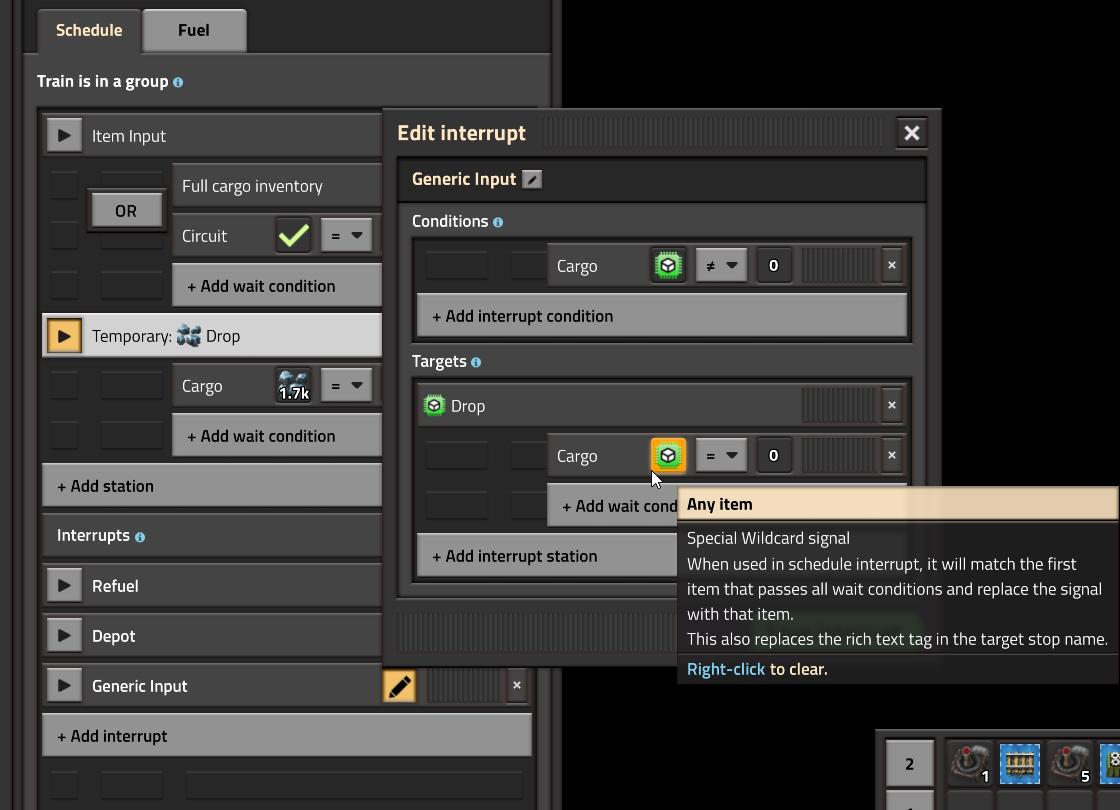 Wube Any item wildcard inserted in condition, station name and unload condition