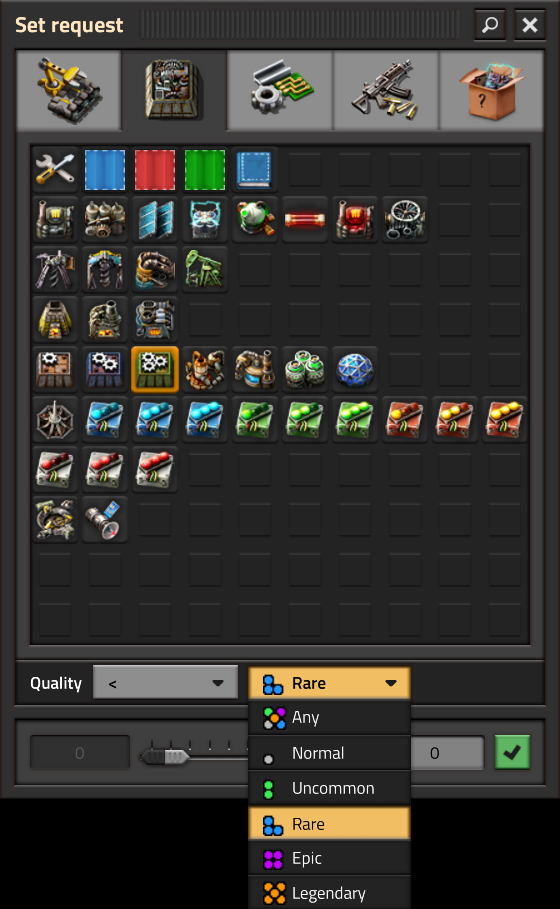 Wube quality selector with Normal, Uncommon, Rare, Epic and Legendary choices