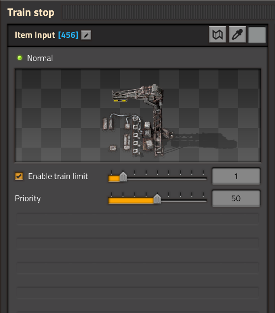 Wube train-stop interface with separate train-limit and Priority controls