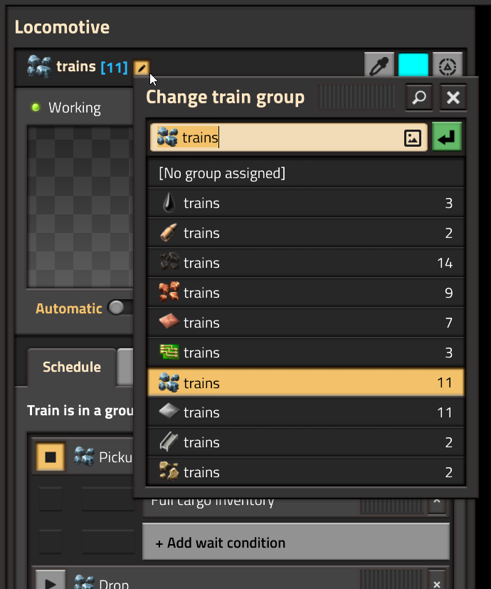 Wube Change train group window showing No group assigned and named groups
