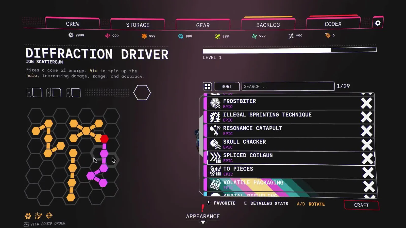 The weapon’s name and its own level appear above the Diffraction Driver upgrade grid.