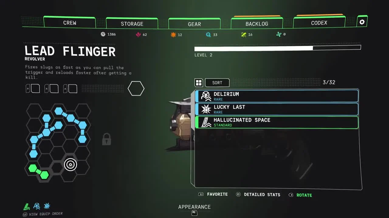 Read the equipped shapes on the left and the individual upgrade entries on the right before changing the layout.
