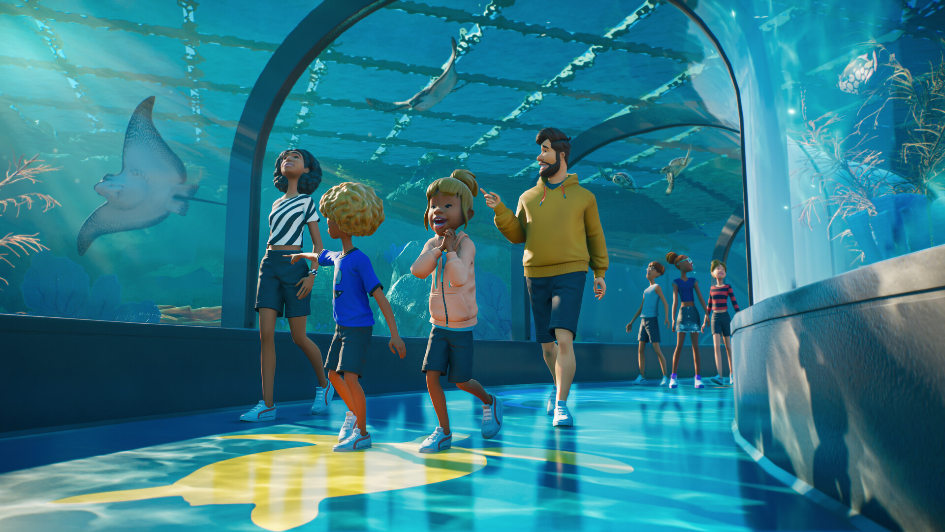 Official Planet Zoo 2 screenshot of visitors walking through a glass aquarium tunnel