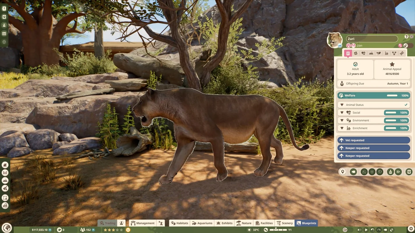 Lioness with pregnancy and animal status information in the official interface