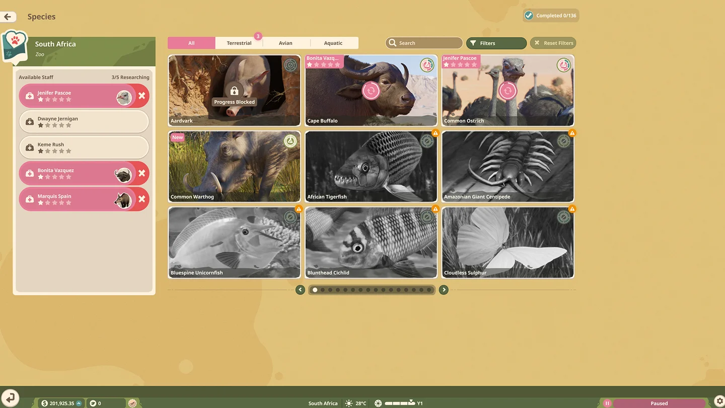Species research browser showing animal topics and progress