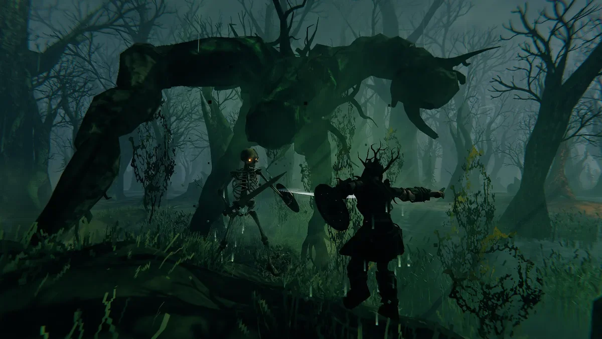 The large wooden Abomination behind the Skeleton is the Root source. Clear the nearby enemies before committing to the material fight. Official gameplay image; not a resistance test.