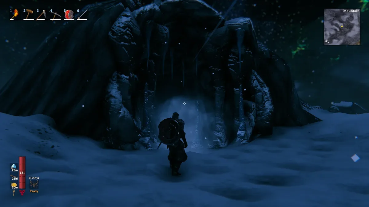 A normal Frost Cave entrance in official footage. Howling Cavern is a separate named dungeon: confirm Hildir’s map marker and the entrance name rather than farming every similar icy cave.