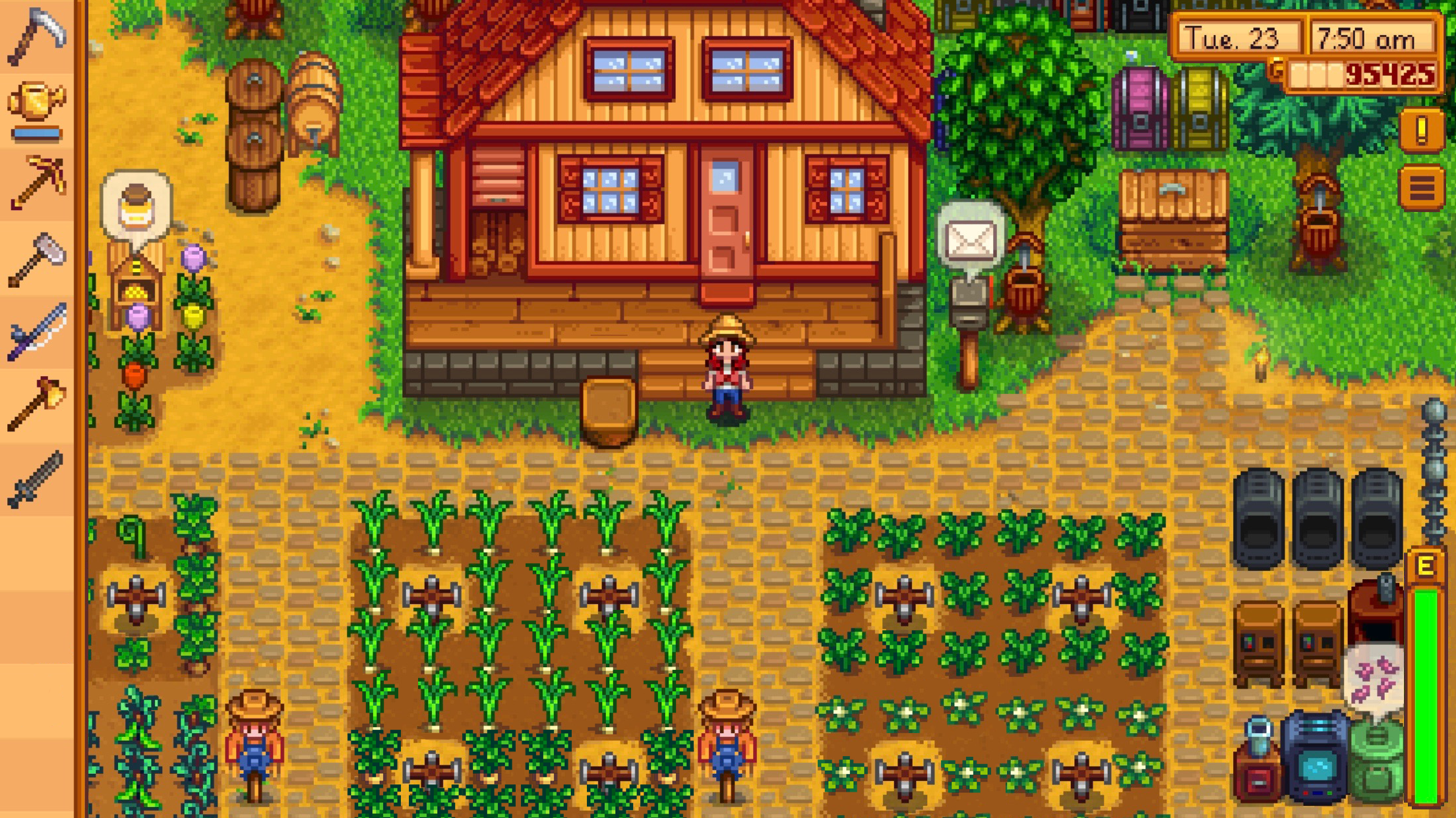 ConcernedApe official press screenshot with Bee Houses and flowers to the left of the farmhouse