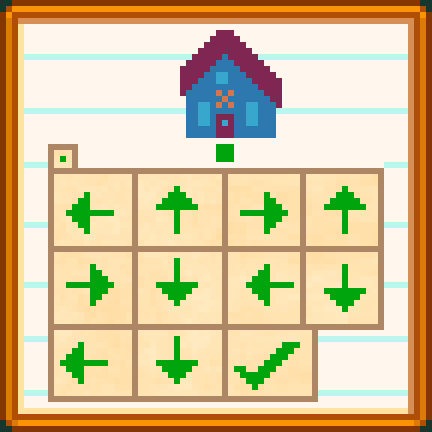 Secret Note 19 showing a house above a sequence of green directional arrows