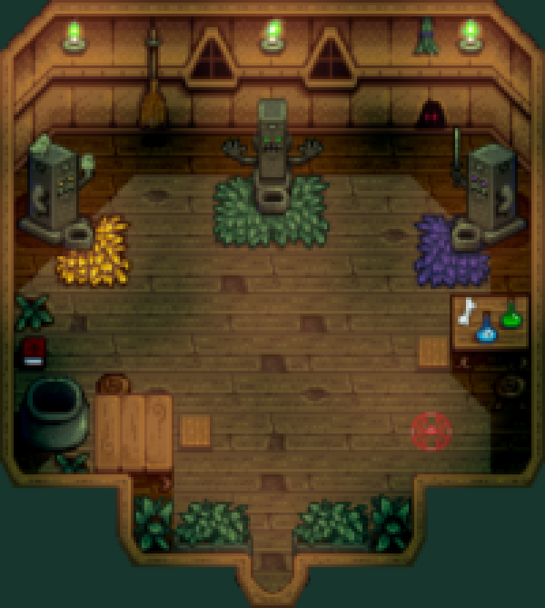 Interior of the Witch’s Hut with three shrines, a table and a red floor rune