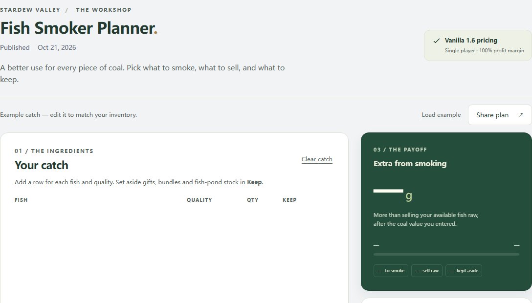Fish Smoker Planner showing catch inputs, professions and profit calculations