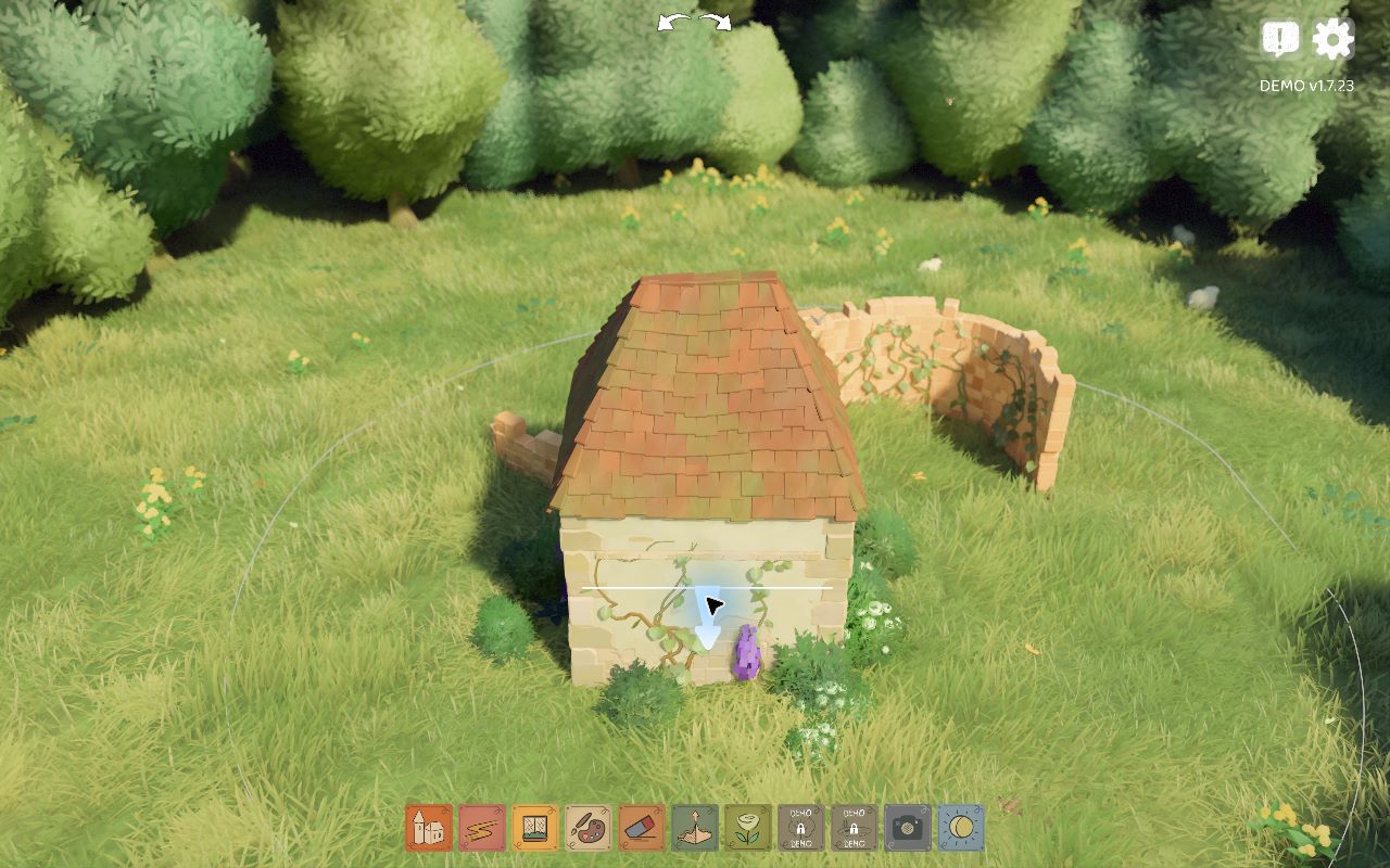 Our Tiny Glade Demo rectangular house before adding a door, with an unbroken front wall and DEMO v1.7.23 visible
