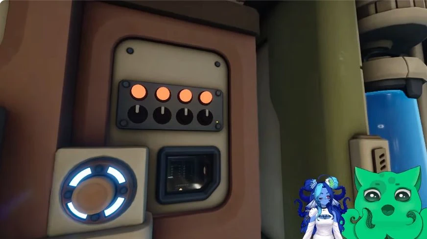 The outside panel has four orange lamps above its dials, with the round check button below. Read the active pair before checking.