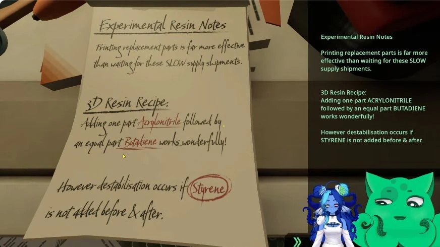 Experimental Resin Notes: Acrylonitrile is followed by Butadiene, with Styrene before and after the mixture. The readable text panel is at the right.