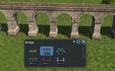 Existing stone rail bridge with Bridge selection window and alternative model speed labels