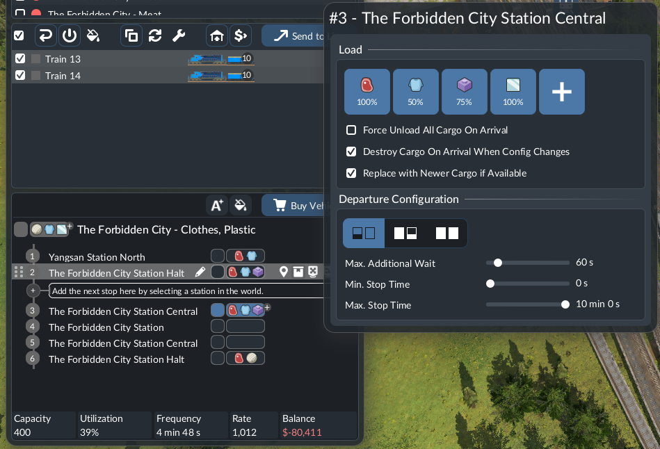 Official stop configuration showing cargo percentages, Departure Configuration and additional minimum and maximum waiting times