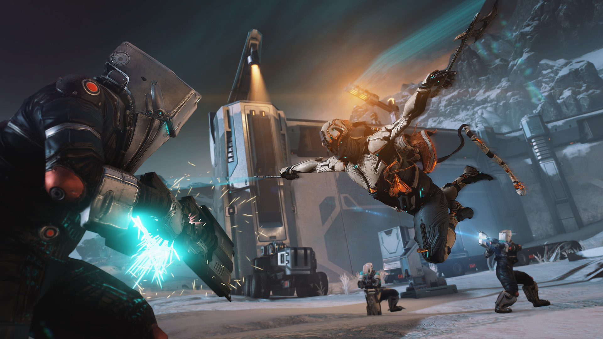 Warframe promotional gameplay image showing melee combat in a snowy facility
