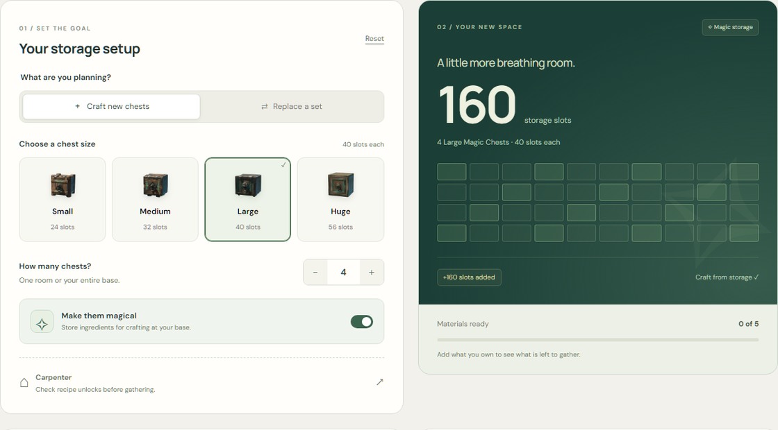 Storage Planner with Enshrouded chest icons, capacity totals and material inputs